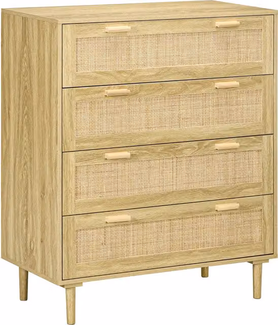 Cassettiera HOMCOM in stile Boho con 4 cassetti in legno e rattan, colore Rovere, da appendere a muro per soggiorno, camera o ingresso, L: 90 cm, P: 45 cm, H: 108.5 cm