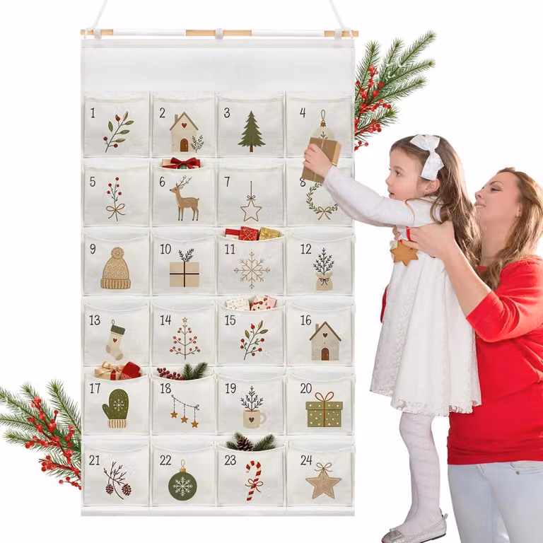 Calendario dell'Avvento da riempire, in tessuto, dimensioni 130x70 cm, color giallo-verde, con 24 tasche per essere appeso