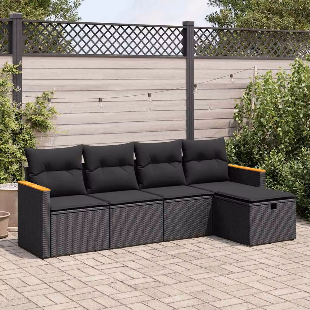 Set di divani da giardino vidaXL in 5 pezzi con cuscini in polyrattan nero e struttura in legno di acacia