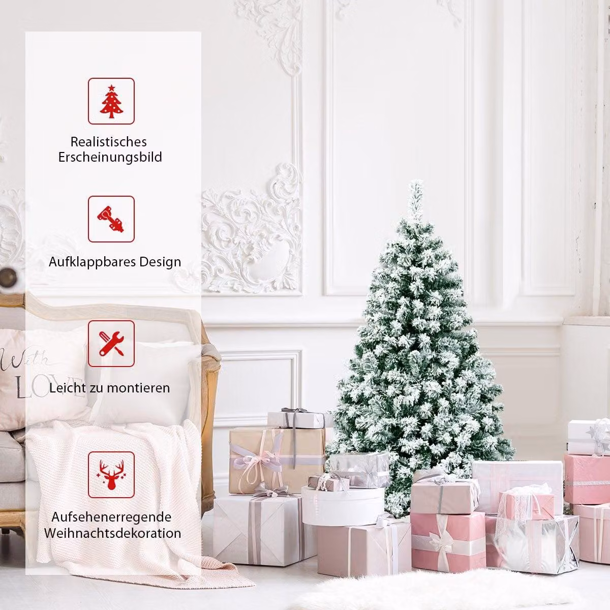 Albero di Natale artificiale da 135 cm con luci e neve