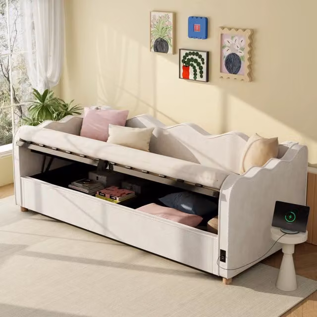 Letto contenitore imbottito Minimal in velluto beige con contenitore a sistema idraulico L/P/H: 90 x 200 x 102,5 cm