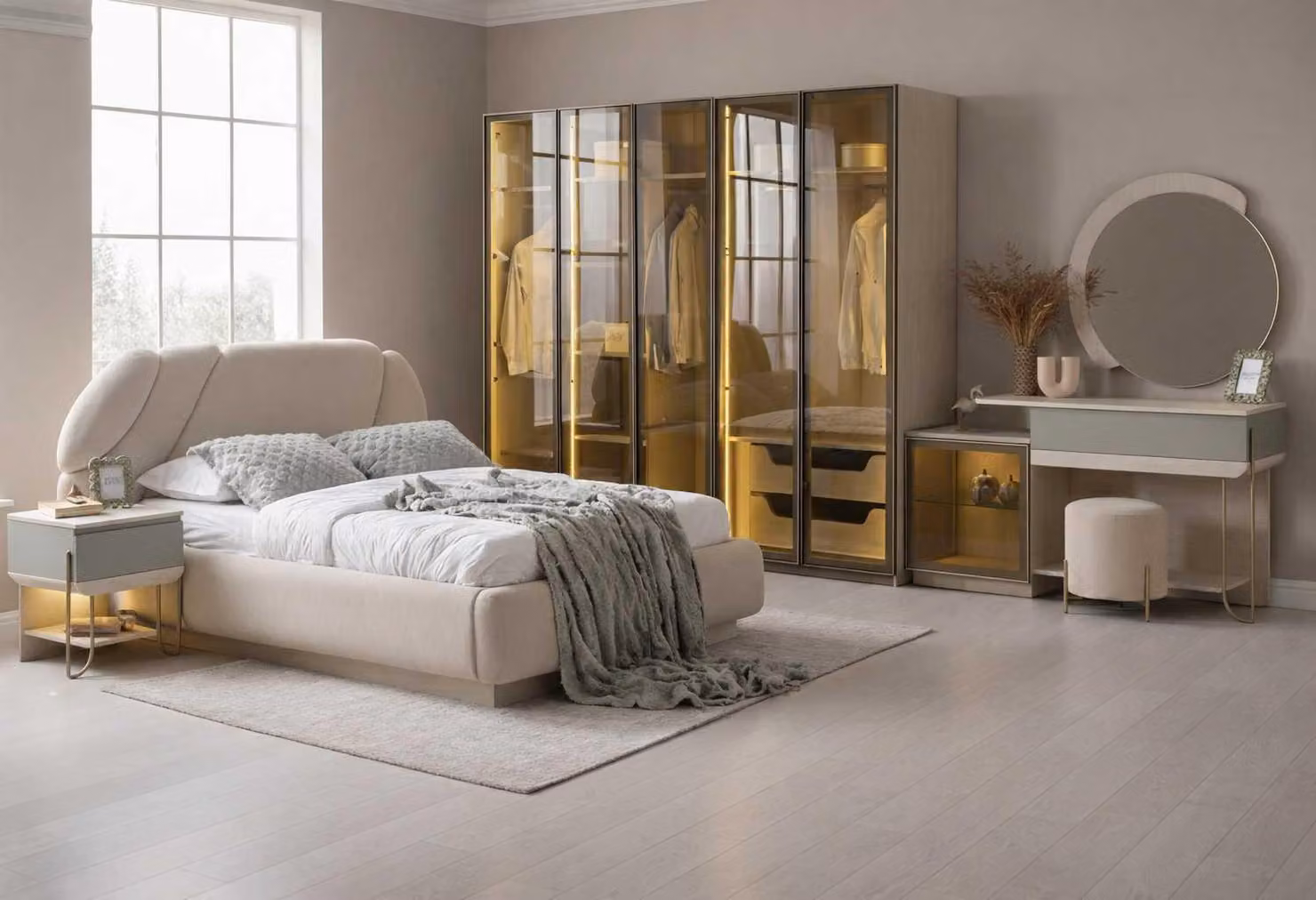 Letto, comodino, armadio, toletta, stile moderno, colore beige, morbido