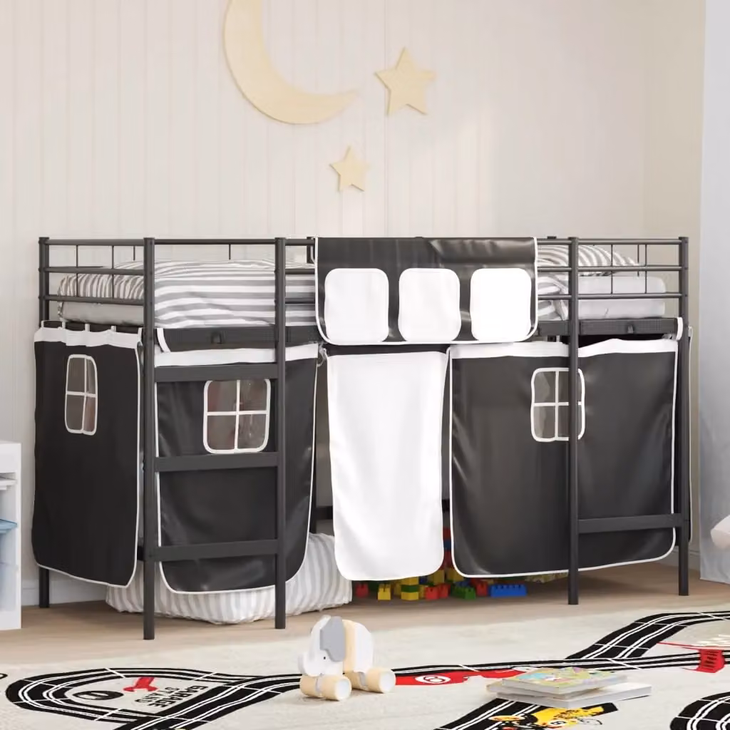 Letto Loft Singolo per Bambini in Metallo con Scala e Tendine Nero, Design Moderno, L/P/H: 200 x 100 x 194 cm – 2