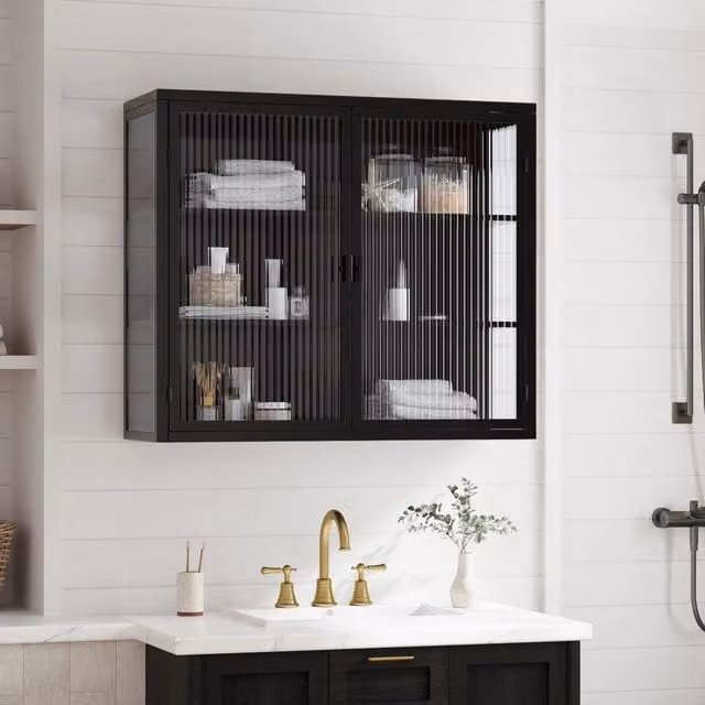 Mobile da ingresso a muro Minimal bianco e nero con ante in vetro trasparente e ripiani interni – 1