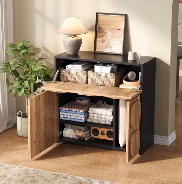 Cassettiera Vintage con Struttura in Legno e Fianchi Neri, 4 Scomparti, Design Retrò Moderno per Soggiorno, Sala da Pranzo o Ingresso