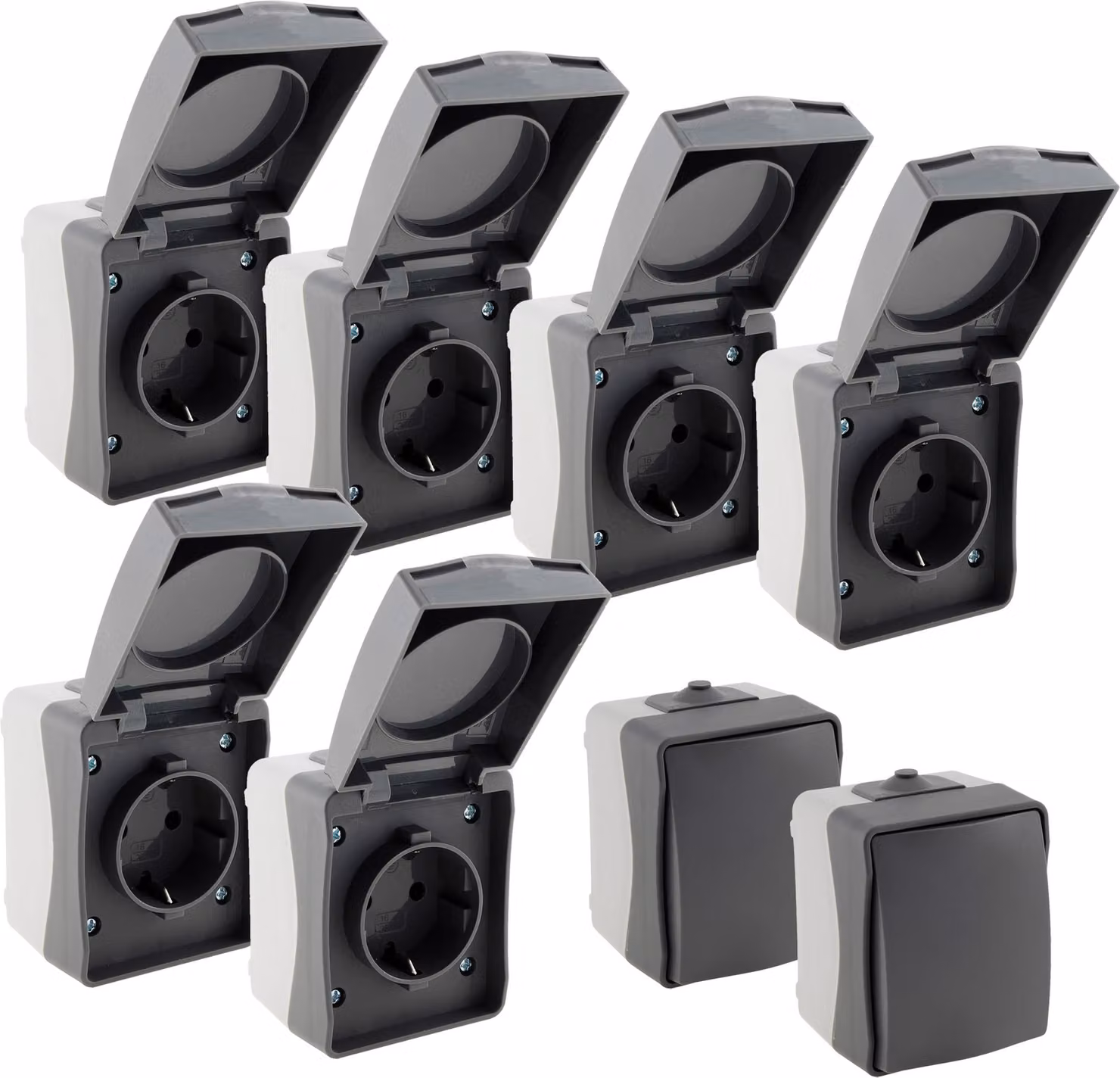Set antiumidità 6x presa di corrente 2x interruttore da parete Nuqui Single Indoor Outdoor IP54 con coperchio a cerniera resistente alle intemperie 250V grigio antracite