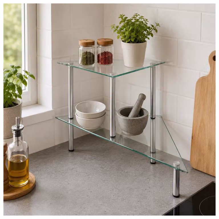 Scaffale angolare moderno in vetro con struttura in metallo, dimensioni 49 x 35 x 33 cm