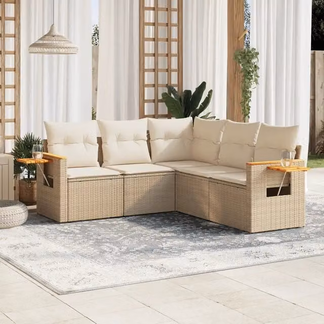 Set Divano da Giardino a L vidaXL in Polyrattan Beige con 5 Pezzi e Cuscini Removibili