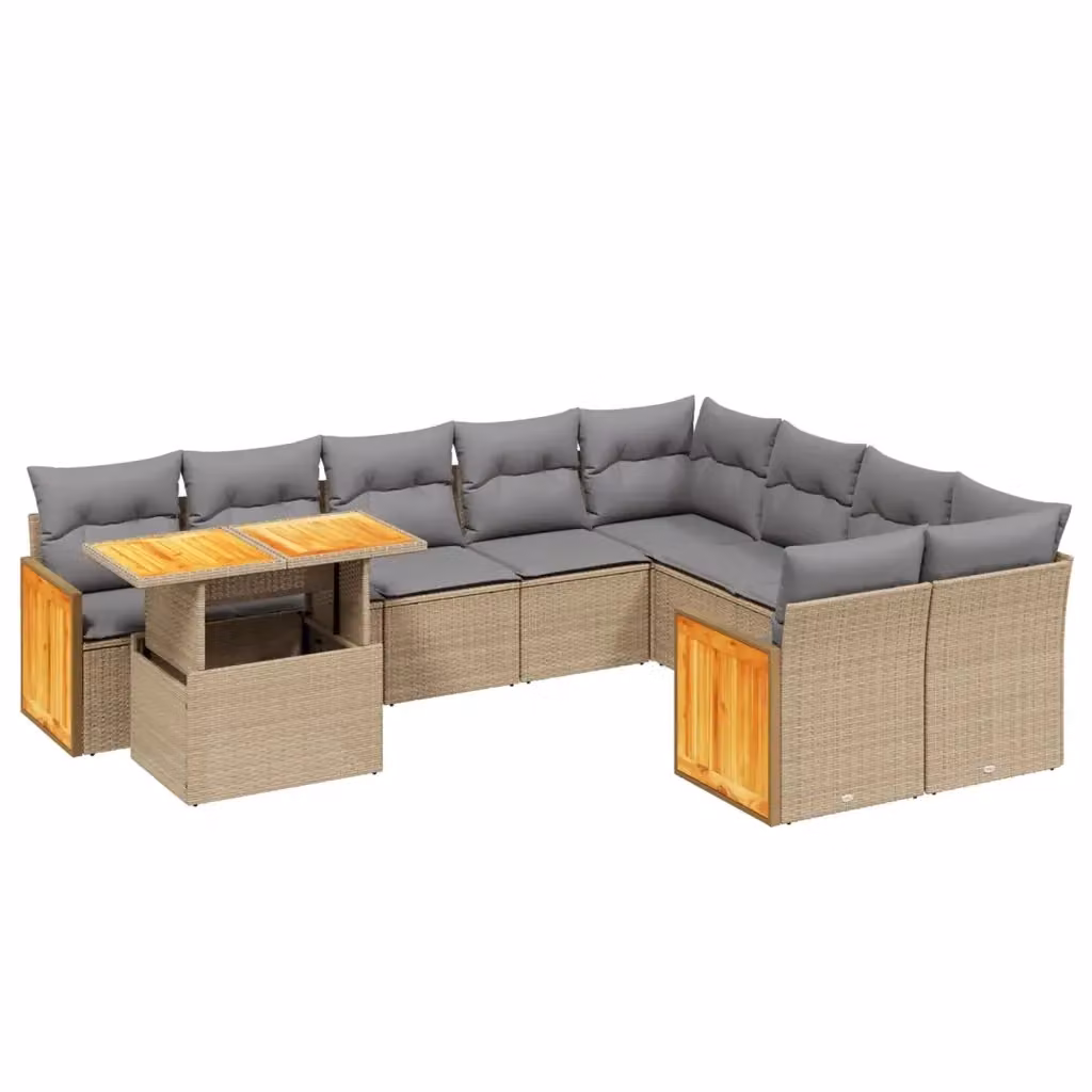vidaXL Set Divano da Giardino 10 pz in Polyrattan con Cuscini Beige e Tavolino da Esterno a Forma di U – 2