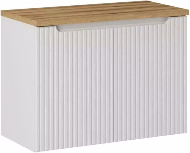 Set da bagno VANO bianco 80cm: mobile sotto lavabo con armadietti scanalati + piano per lavabo in aspetto rovere chiaro