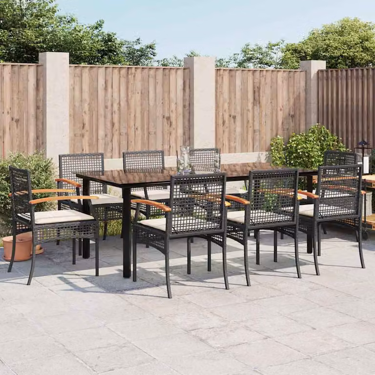 vidaXL Set da Pranzo da Giardino 9 pz in Polyrattan con Cuscini e Tavolo in Vetro Nero e Bianco