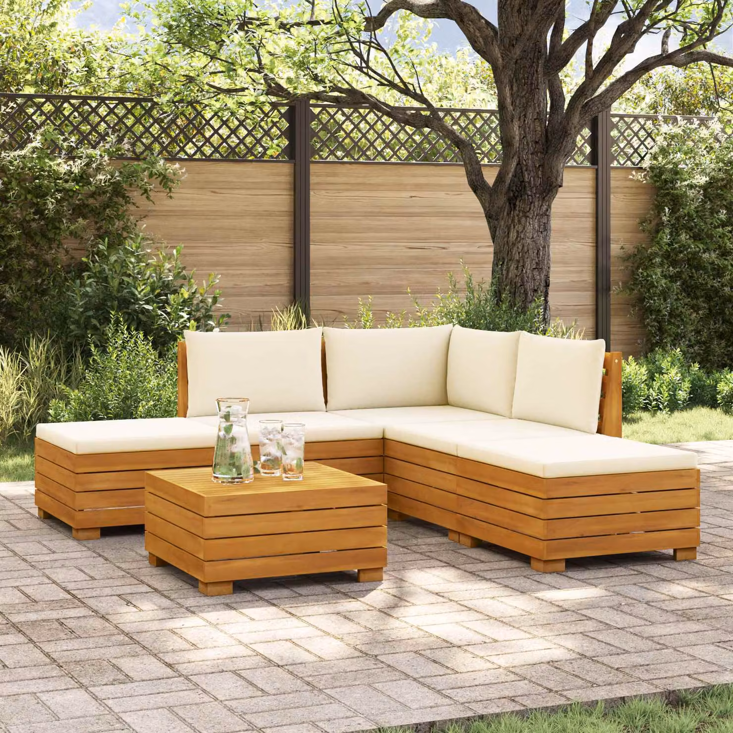 Set di divani da esterno vidaXL in legno di acacia massello marrone con cuscini beige, componibile a forma di L per giardino e terrazzo