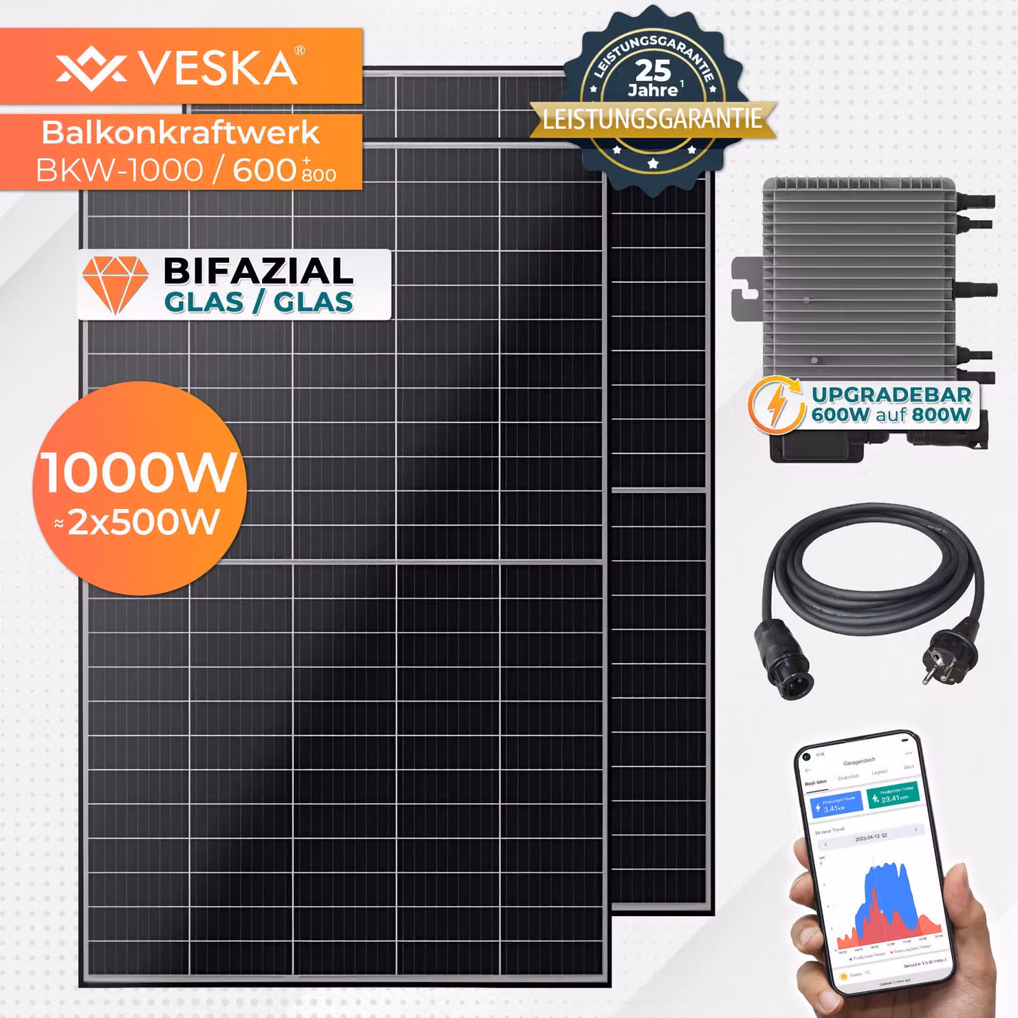 Centrale elettrica da balcone 1000 W / 600 W Sistema solare bifacciale Pronto per la connessione WIFI Smart mini impianto fotovoltaico 600 W Aggiornabile a 800 W, nero