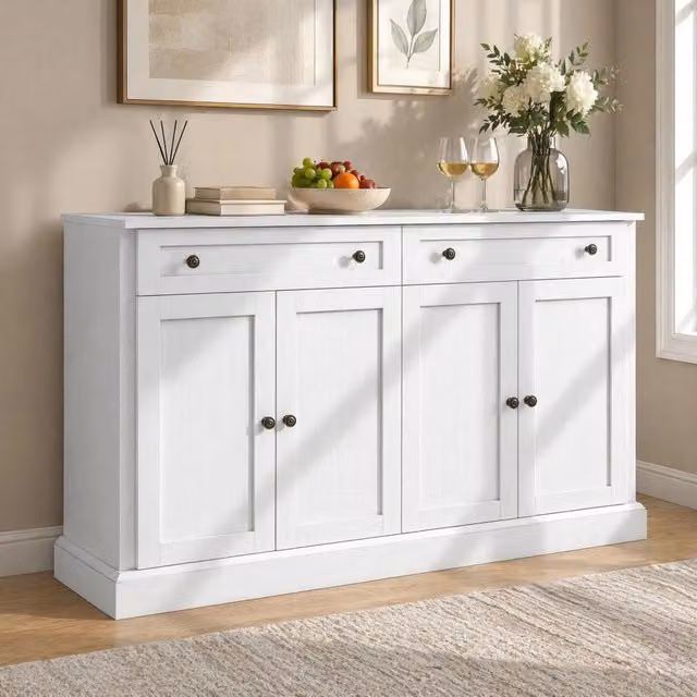 Credenza Sideboard con 4 ante e 2 cassetti; 150x40x86 cm; bianco antico
