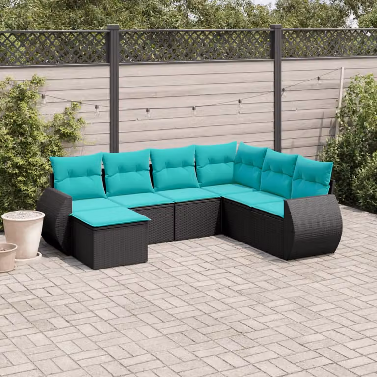 Set di divani da giardino vidaXL 7 pezzi con cuscini in polyrattan nero e struttura in metallo con forma a L
