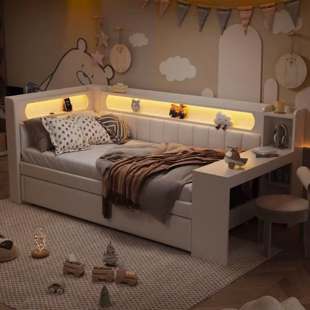 Letto da giorno imbottito 90 x 200 cm con porte USB e striscia LED, con letto estraibile e scrivania - Bianco