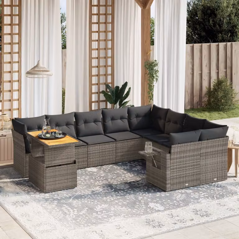 vidaXL Set Divano da Giardino 10 pz in Polyrattan Grigio con Cuscini Imbottiti e Tavolino