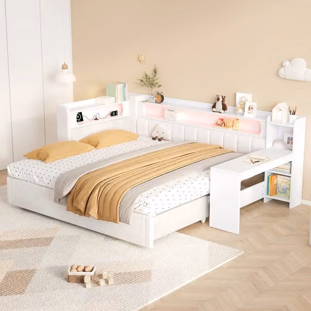 Letto estraibile da 90x200 a 180x200 cm; imbottito bianco con scrivania integrata; USB e LED
