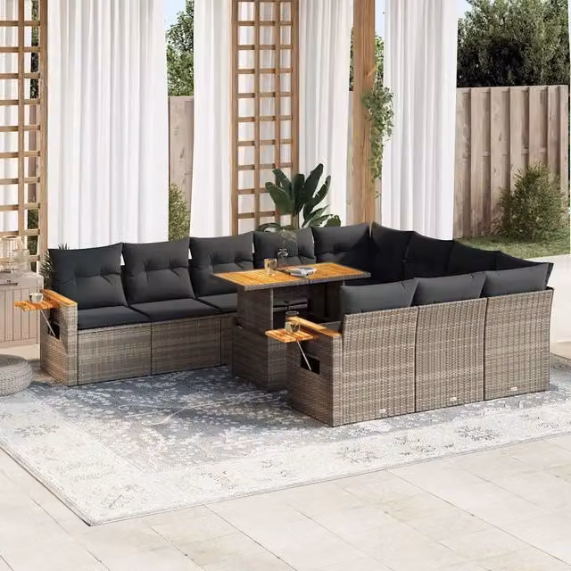 Set di divani da giardino vidaXL in polyrattan e legno di acacia grigio con 11 pezzi e cuscini inclusi – 1