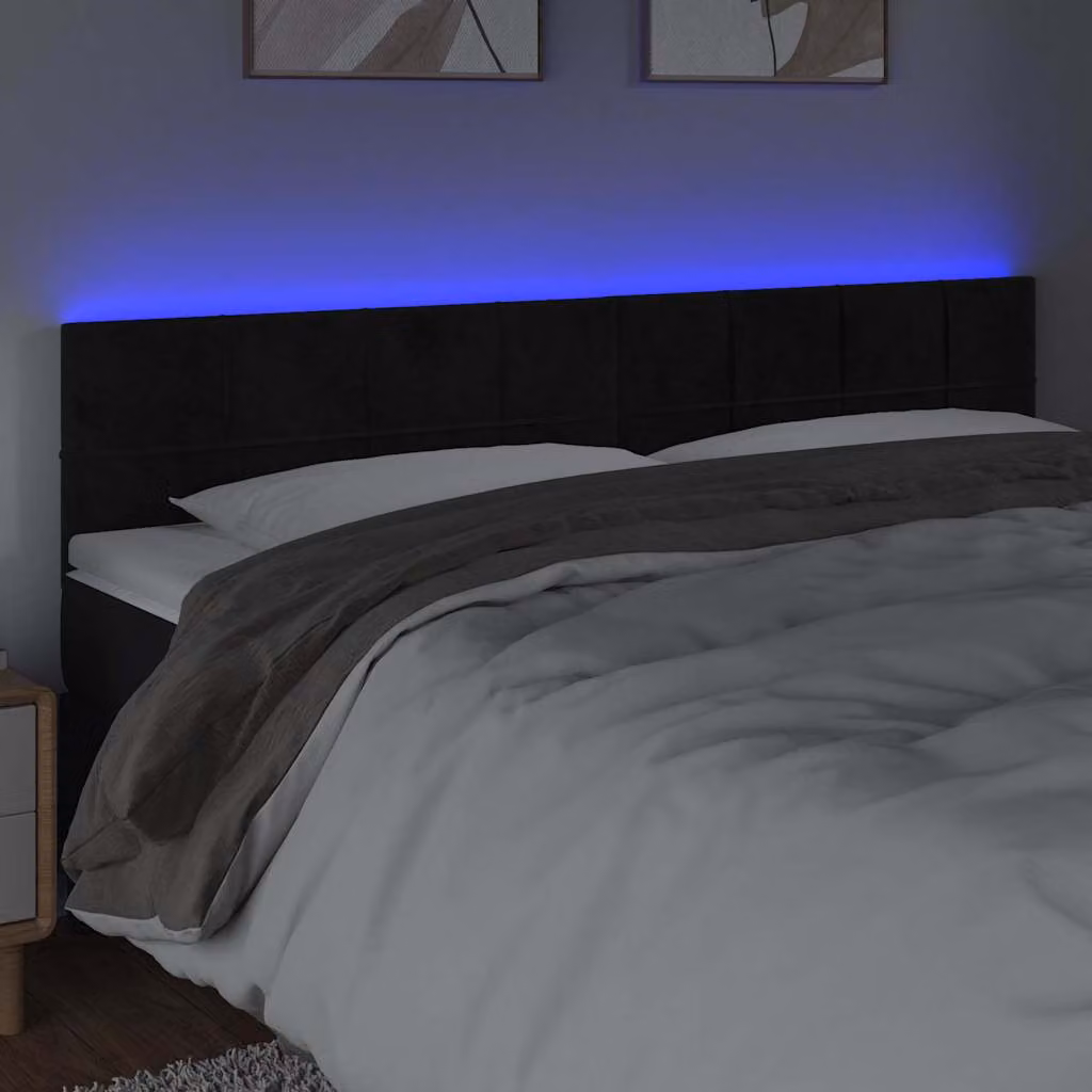 Testiera per letto vidaXL in velluto nero con illuminazione LED e porta di ricarica USB, L 180 x P 5 x H 78/88 cm
