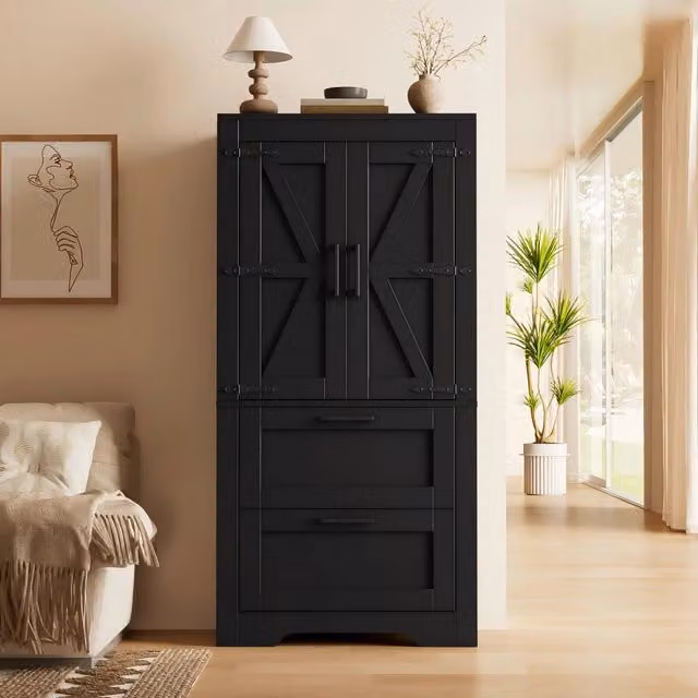 Mobile da cucina stile country nero con 2 cassetti e ripiani regolabili, credenza laterale design porta a granaio per cucina, sala da pranzo e soggiorno