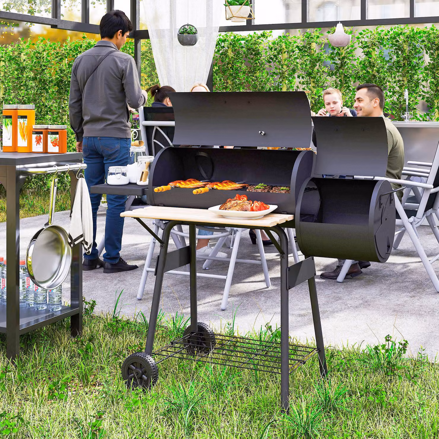 Barbecue da giardino a carbone Outsunny con coperchio, ripiani, ruote e termometro, Nero, L 124 x P 53 x H 104 cm – 2
