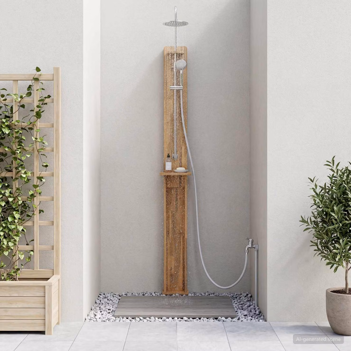 Doccia da esterno vidaXL in legno e acciaio inossidabile, Bianco, 257 cm