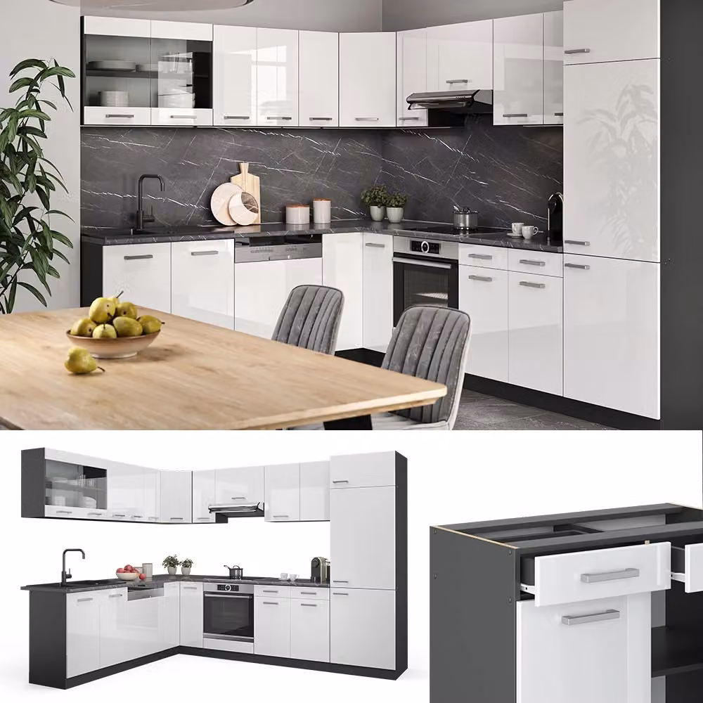 Cucina angolare moderna R-Line Vicco Bianco lucido e Antracite L: 287 cm, P: 227 cm – 2