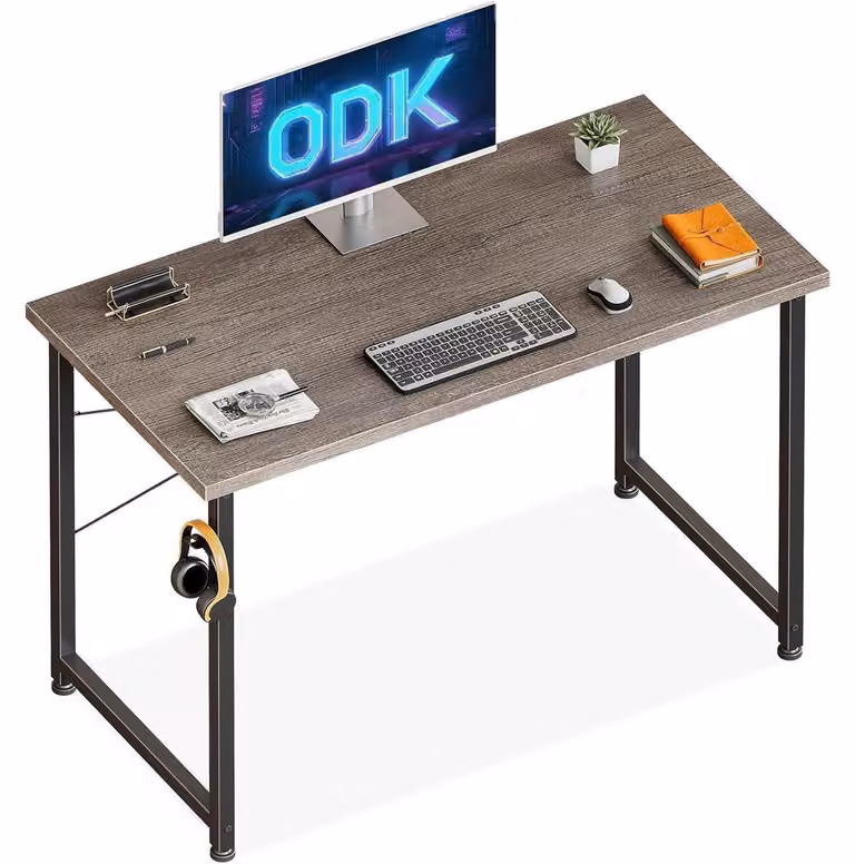 Piccola scrivania da 100x48 cm, scrivania per computer con supporto per cuffie e tasca portaoggetti, colore grigio