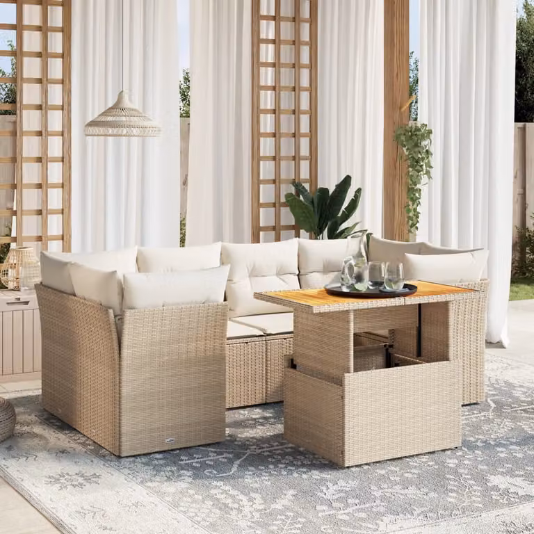 vidaXL Set Divani da Giardino 7 pz a Forma a L con Tavolino, Cuscini Beige e Struttura in Polyrattan e Legno di Acacia
