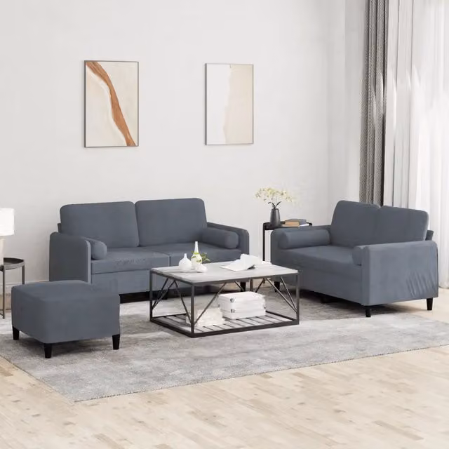 Set di 3 Divani Moderni VIDAXL in Velluto Grigio con Cuscini, L/P/H: 235 x 80 x 77 cm – 1