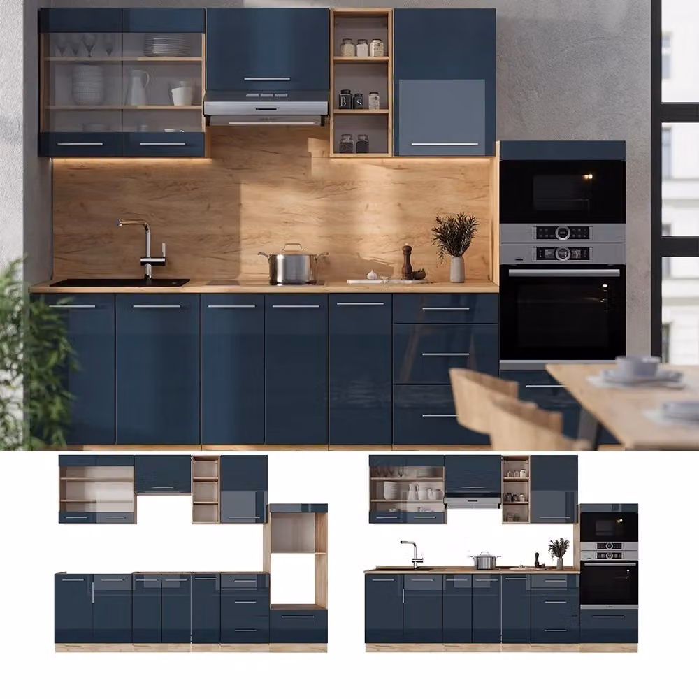 Cucina componibile moderna Vicco Fame-Line Blu scuro lucido e Rovere dorato con piano Antracite L: 280 cm – 2