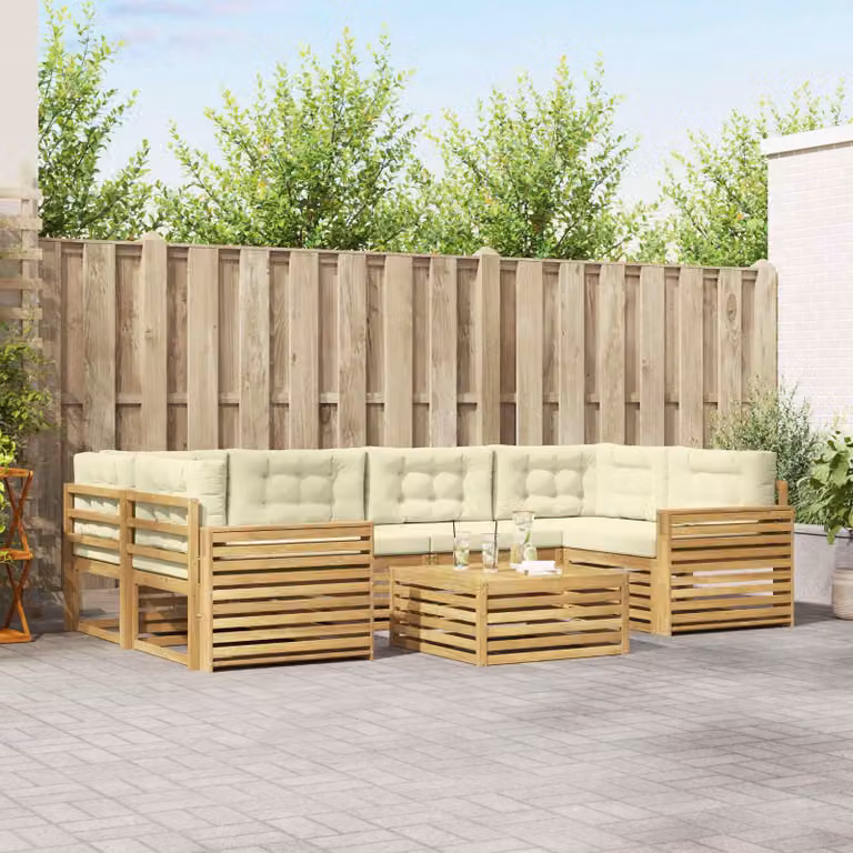Set di divani da esterno vidaXL a forma di L in legno di acacia con cuscini, Bianco, Beige e Marrone