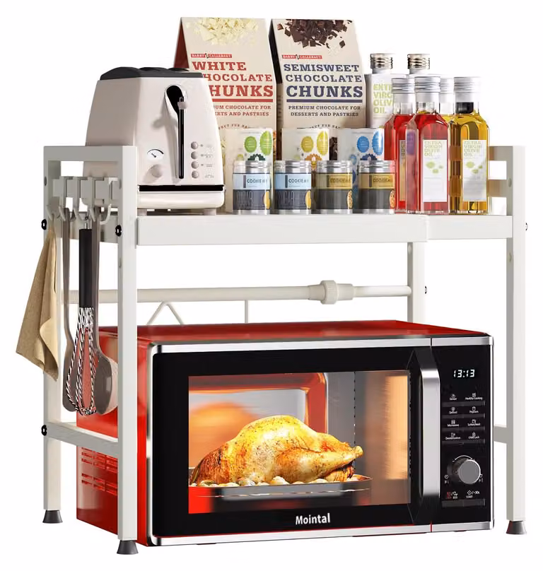 Omgoods - Ripiano estraibile per microonde - Scaffale da cucina a 2 livelli Acciaio al carbonio con 8 ganci