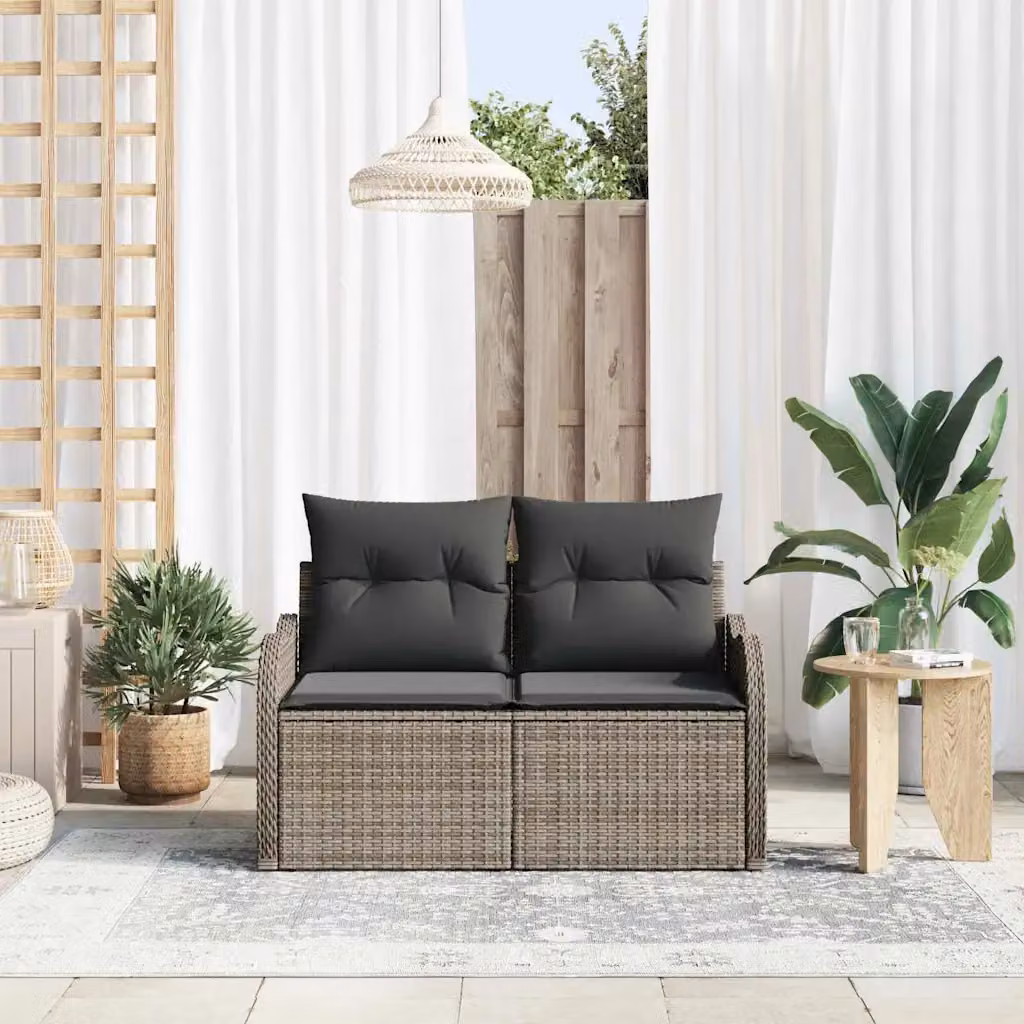 Divano da giardino moderno vidaXL in polyrattan grigio con cuscini, L: 121 cm, P: 62 cm, H: 69 cm