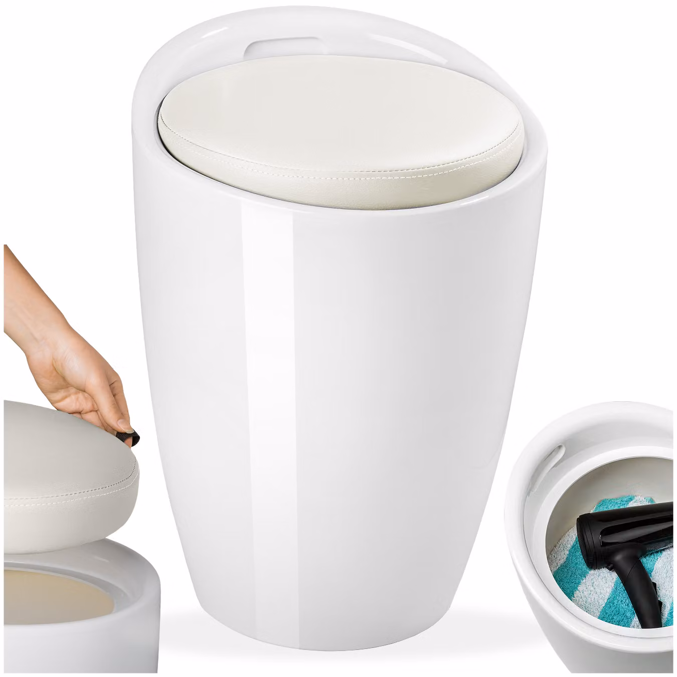 Sgabello contenitore bianco TecTake GmbH con rivestimento in ecopelle e struttura in plastica per bagno o cameretta dei bambini, H: 51.0 cm, L: 36.0 cm, P: 36.0 cm – 1