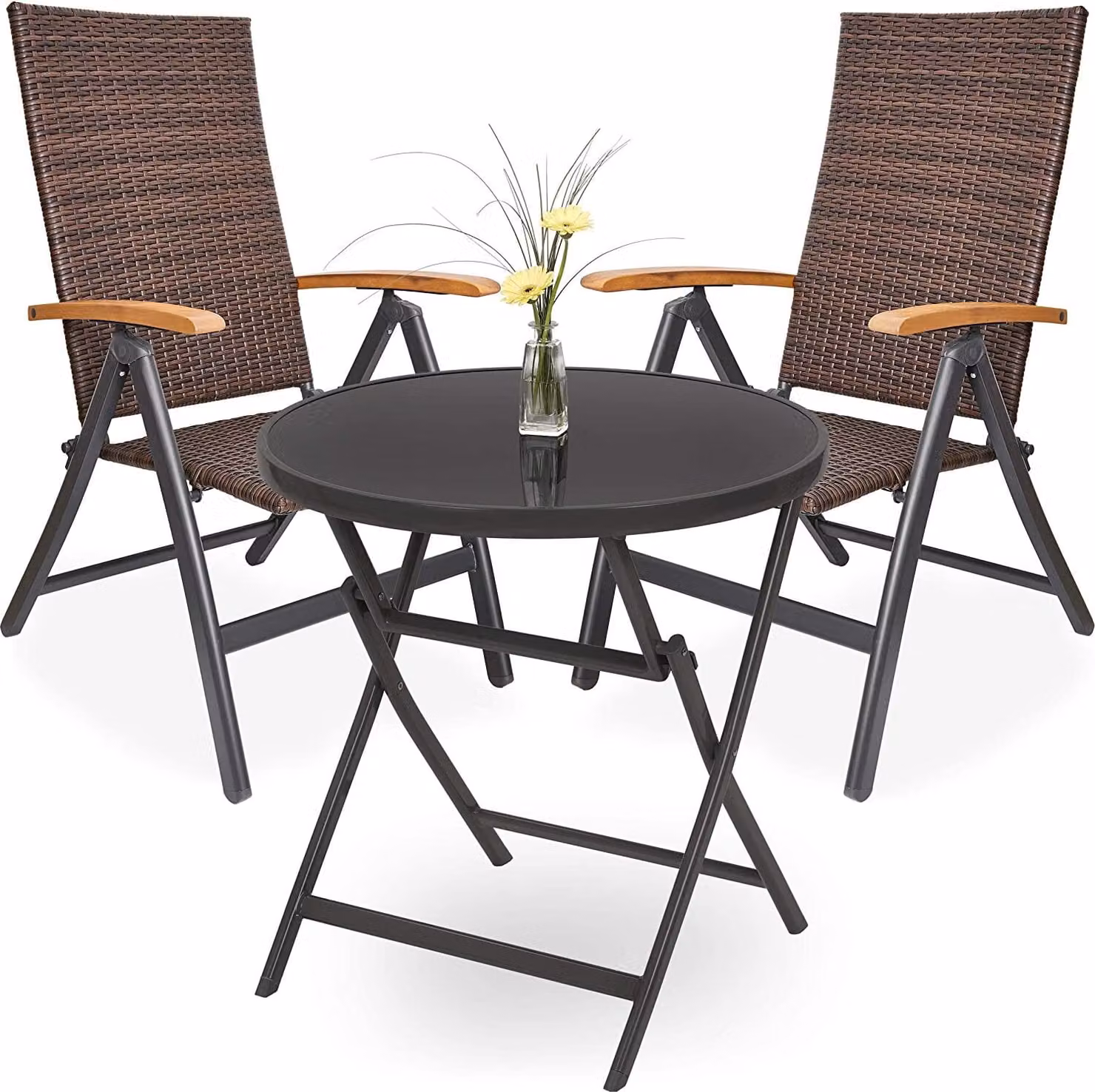 Gruppo da giardino BRUBAKER Modena - 1 tavolo in vetro pieghevole rotondo 70 cm Ø con 4 sedie in polyrattan - resistente alle intemperie - marrone/antracite