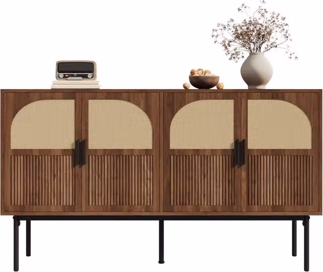 Credenza Chicfurn a 4 ante in MDF e rattan con dettagli in metallo, stile mid-century, colore marrone, L/P/H: 140 x 40 x 80 cm
