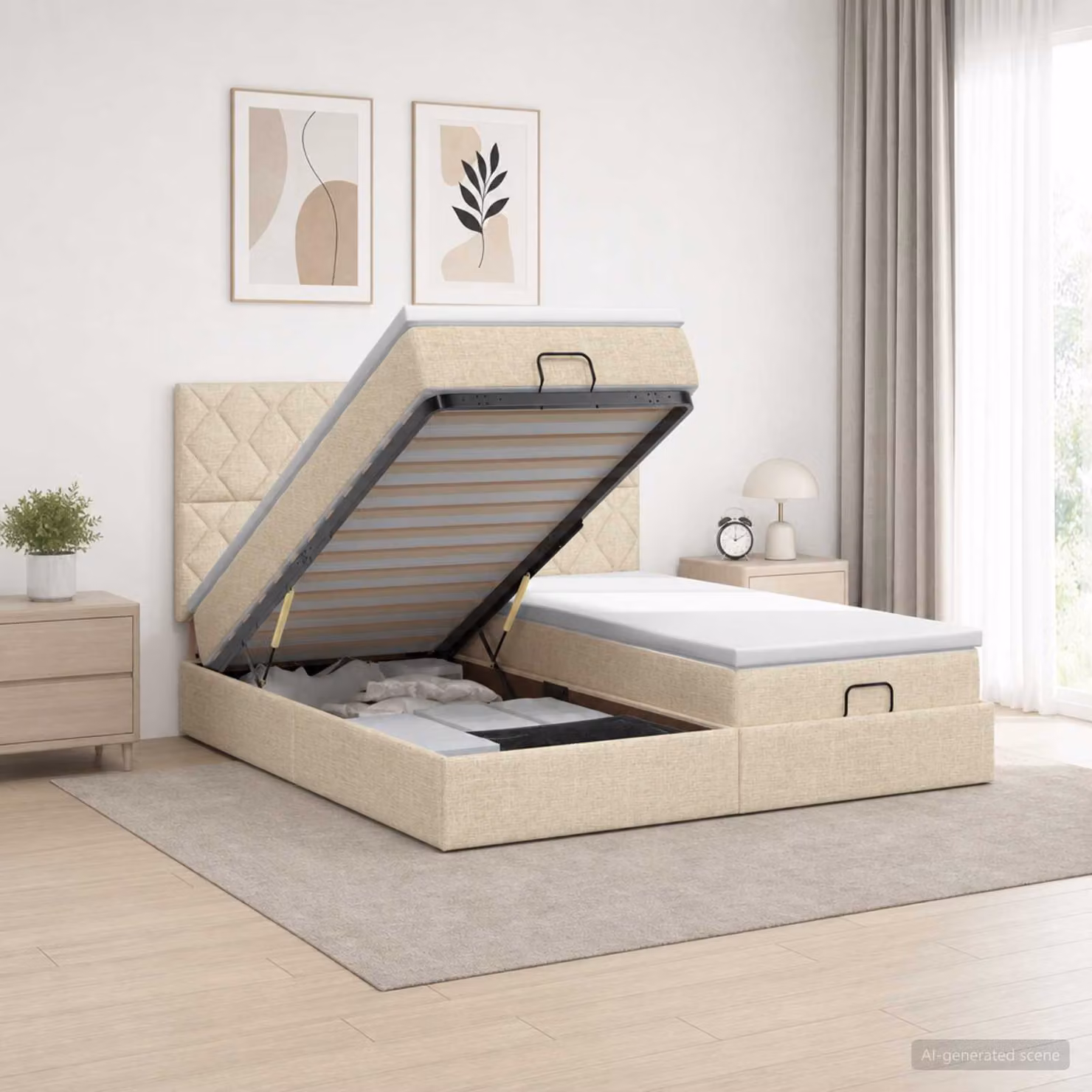 Letto ottomano con materasso e testiera vidaXL in tessuto beige e bianco, L/P/H: 203 x 180 x 88 cm