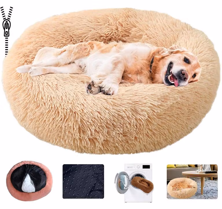 Cuccia per cani a forma di ciambella, nido rotondo, in peluche, lavabile, color beige, taglia 4XL (110 cm)