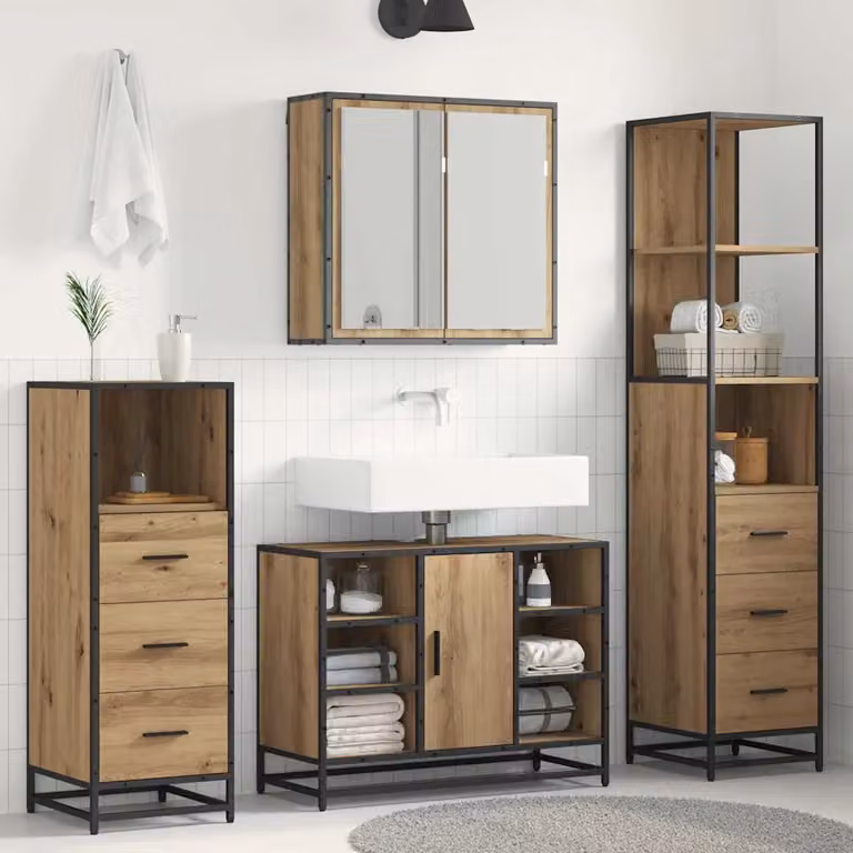 Set di mobili per il bagno vidaXL 3 pezzi in legno e metallo marrone con armadietto a specchio, mobile lavabo e colonna alta, stile minimalista