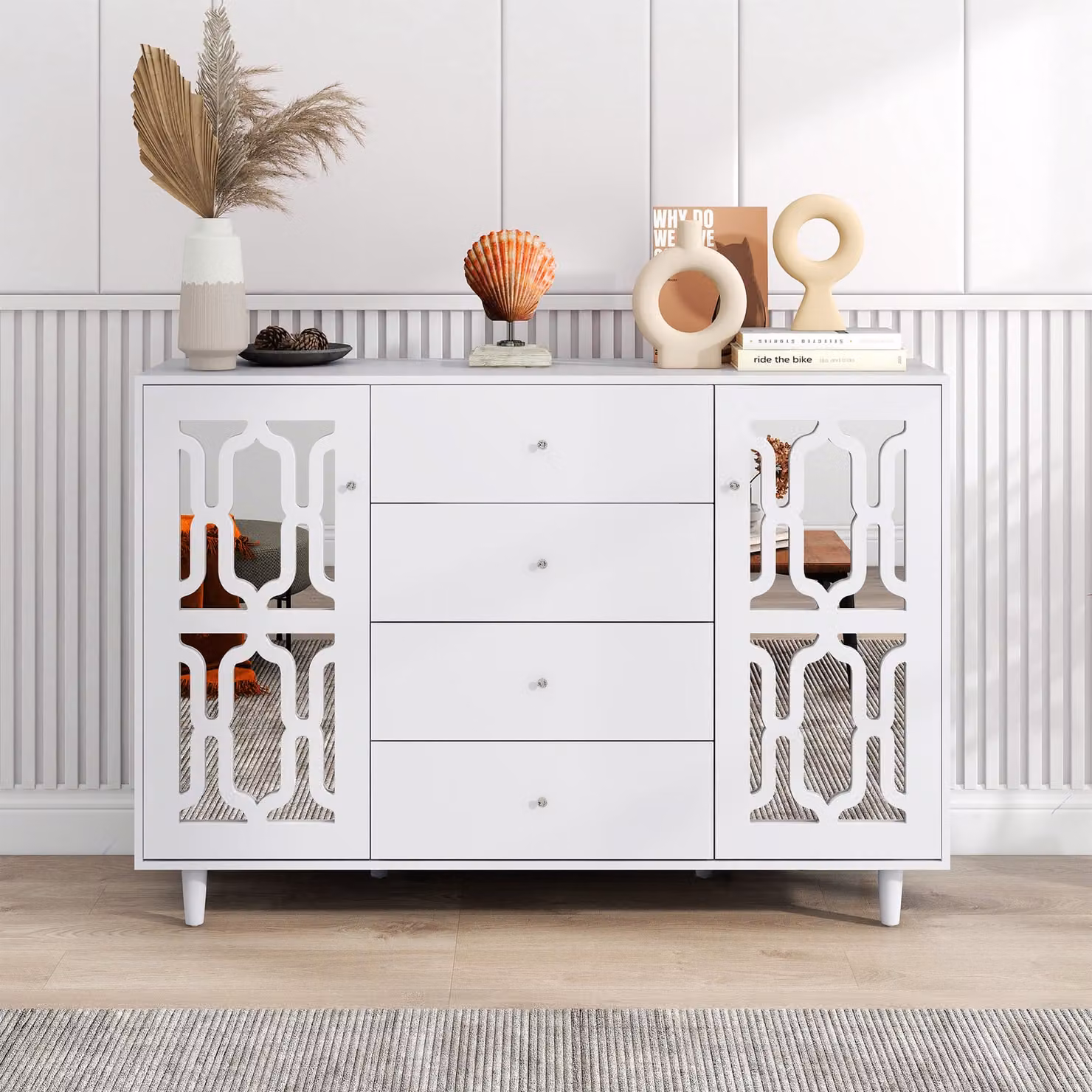 Cassettiera AIORBER, con modanature in cristallo, maniglie in vetro, credenza, due ante, con quattro cassetti, per soggiorno e sala da pranzo, 147,5 x 40 x 102 cm, bianco