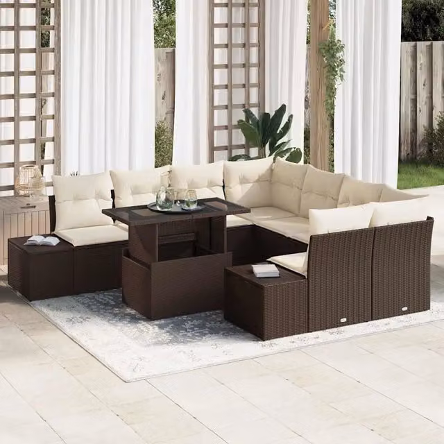 Set Divano da Giardino 9 pz Marrone e Crema polyrattan 3349154