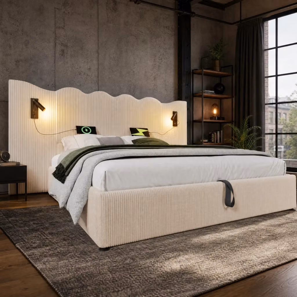 Letto con contenitore in velluto a coste beige con testiera ondulata, lampade da lettura integrate e porte USB e Type-C, L/P: 180 x 200 cm – 2