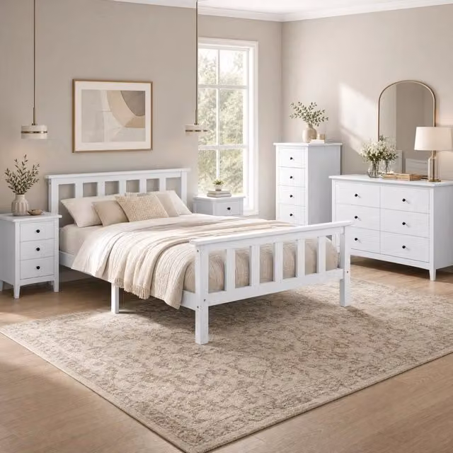 Letto singolo con testiera e rete a doghe 90 x 200 cm in legno massello bianco
