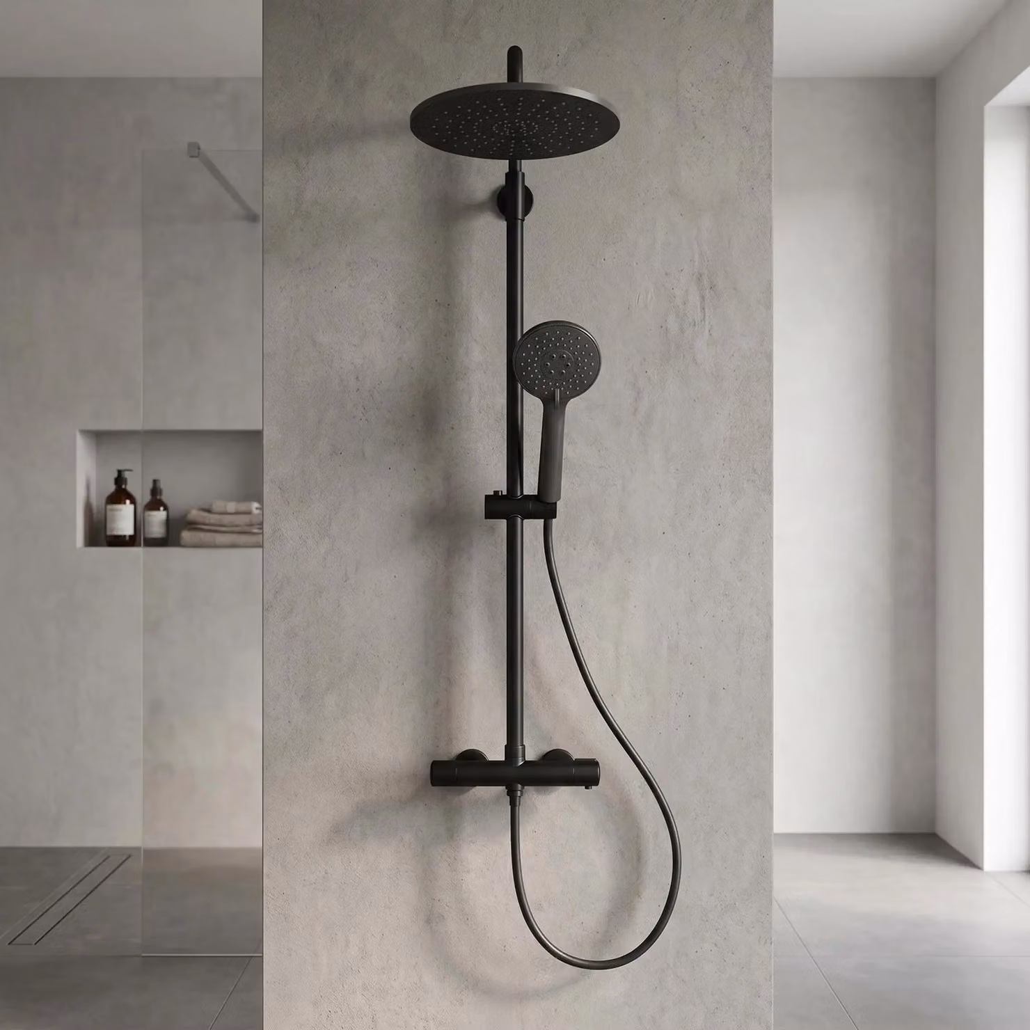 Sistema doccia con termostato - Set doccia a pioggia - Soffione rotondo da 25 cm - Doccetta manuale con 3 getti - Testina girevole a 360° - Barra regolabile in altezza - Protezione antiscottatura a 38°C - Acciaio inossidabile nero
