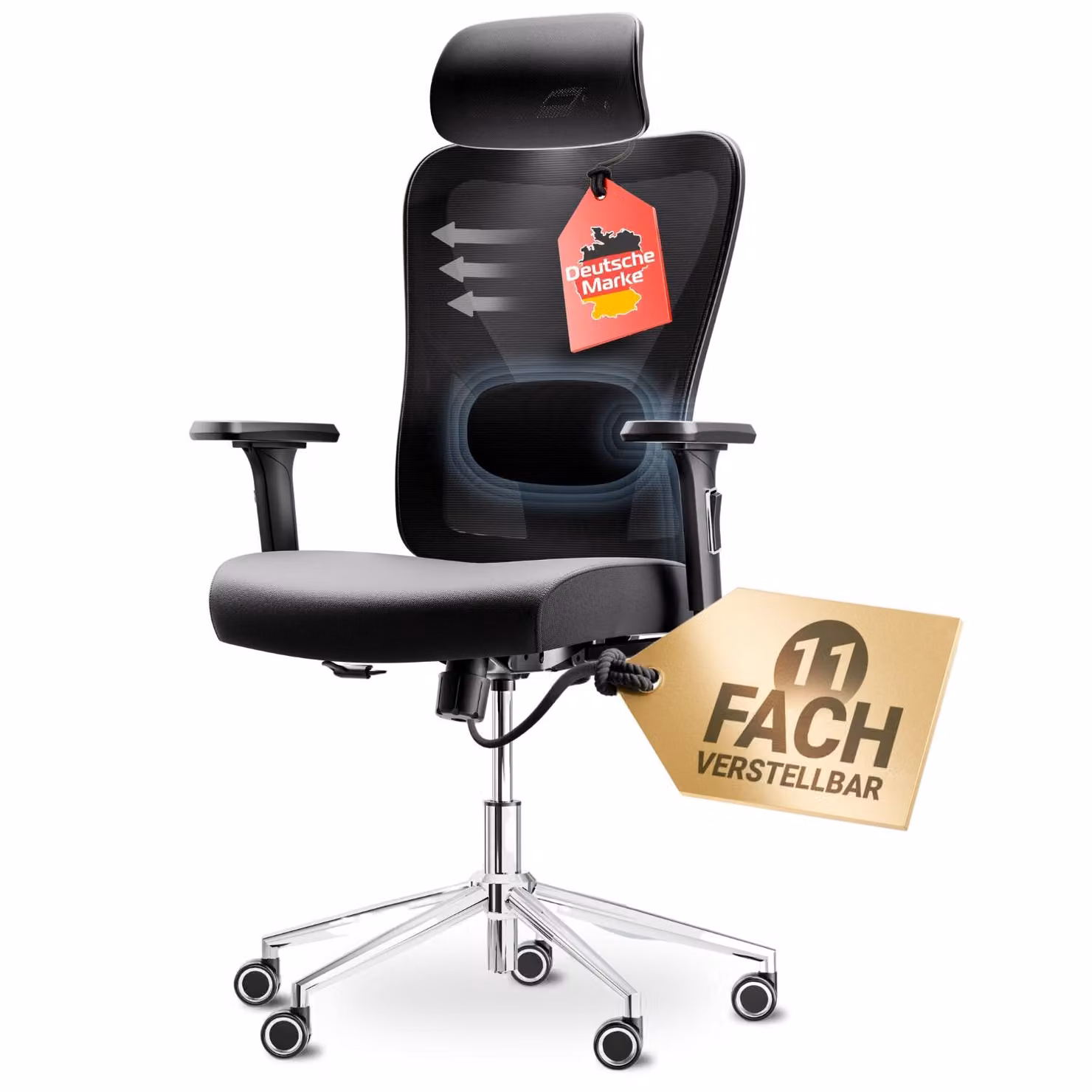 Sedia da ufficio ergonomica LUTIVO Alpha [ORIGINALE] Sedia da scrivania ergonomica con 11 impostazioni di comfort | Sedia da gaming e sedia girevole (nera)