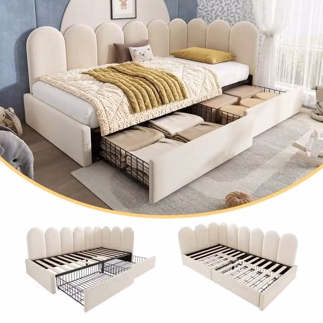 Letto imbottito singolo con cassetti ¨C Minimal ¨C Beige velluto 90x200cm con rete a doghe