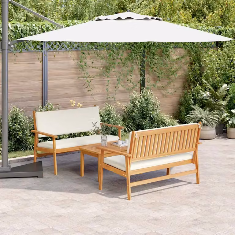 Set Divano da Giardino vidaXL 3 Pezzi in Legno di Acacia con Tavolino e Cuscini, Marrone e Bianco