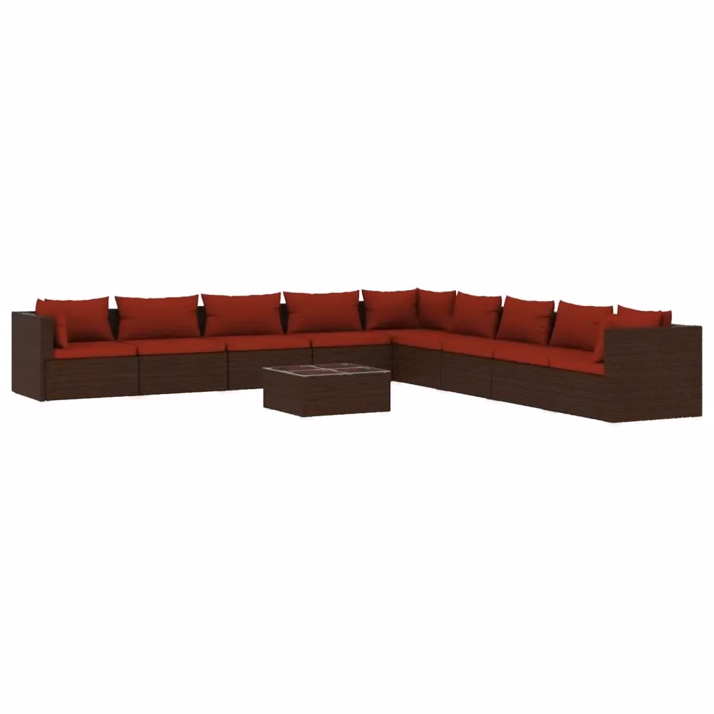Set da giardino moderno vidaXL composto da 10 pezzi con divano a L, tavolino e cuscini in rattan marrone e rosso con struttura in acciaio verniciato a polvere – 2